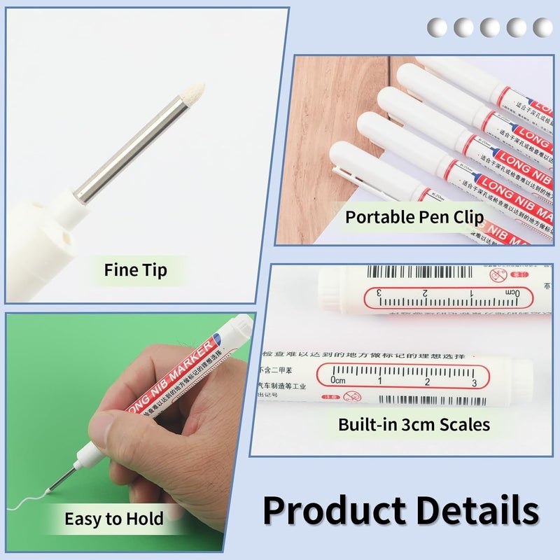 Mkobon 15 Pcs Long Head Deep Hole Marker, 20 mm Long Nose Nib Deep Reach Metal Marking Pen, Quick-drying Waterproof Permanent Pens For Carpenter, Woodworking, Construction (White) - Image 4